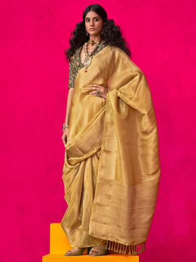Attractive Mustard Yellow Zari Weaving Pure Silk Saree With Blouse